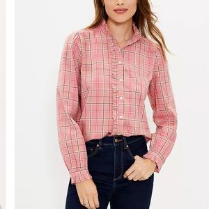 Ann Taylor Loft Plaid Ruffle Shirt Sutton Pink Size Small